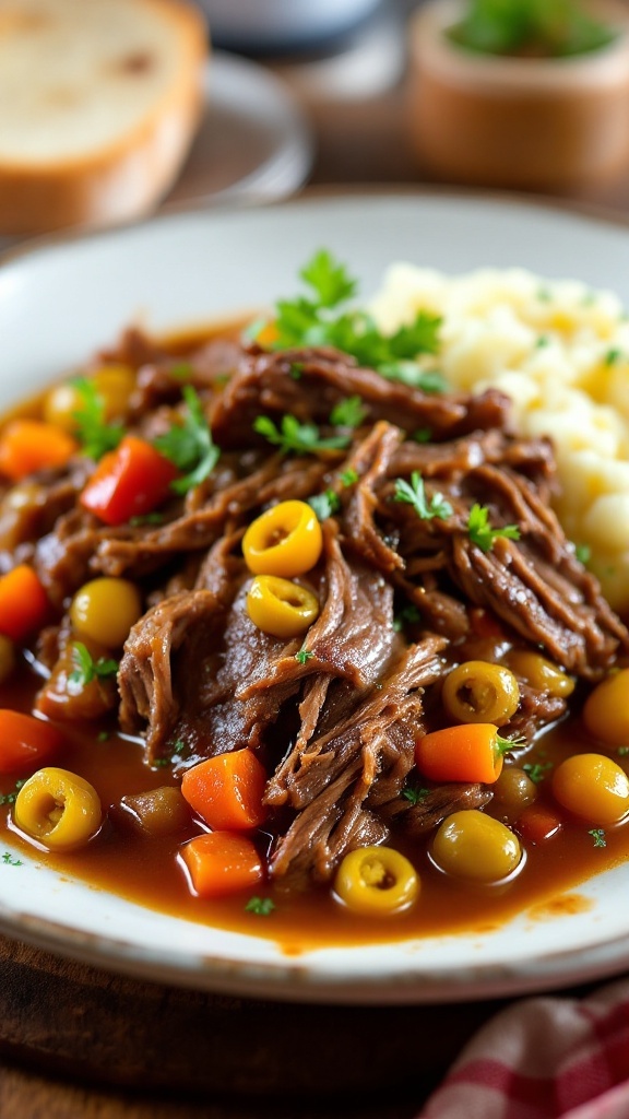 A plate of Mississippi pot roast with shredded beef in gravy and pepperoncini, served with mashed potatoes and bread.
